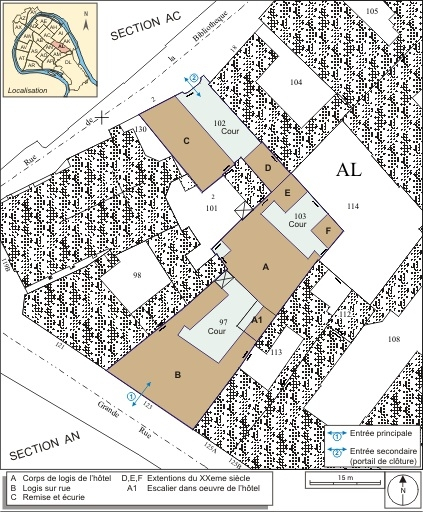 Plan masse et de situation. Extrait du plan cadastral, 1974, section AL. © André Céréza / Région Bourgogne-Franche-Comté, Inventaire du patrimoine - 2007