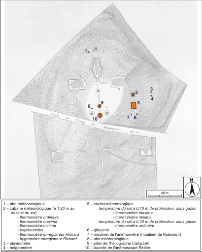 Localisation des différents points d'observation météorologiques en 1892. © André Céréza, Auguste Hérique / Région Bourgogne-Franche-Comté, Inventaire du patrimoine - 2007