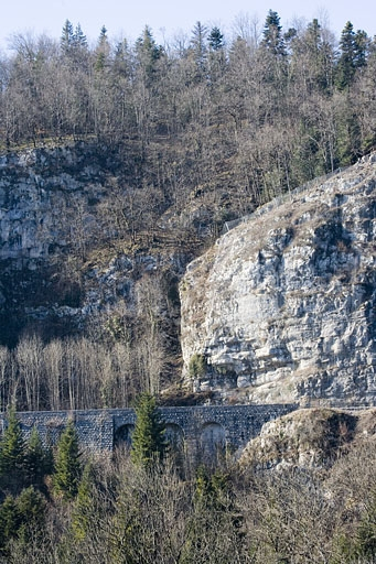 Premier mur à arcades : vue d'ensemble des 3 arches du côté Andelot-en-Montagne. Mur débutant au PK 019.307. © Yves Sancey / Région Bourgogne-Franche-Comté, Inventaire du patrimoine - 2007 Premier mur à arcades : vue d'ensemble des 3 arches du côté Andelot-en-Montagne. Mur débutant au PK 019.307. © Yves Sancey / Région Bourgogne-Franche-Comté, Inventaire du patrimoine - 2007