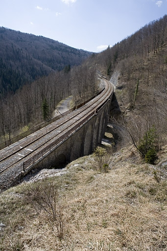 Vue d'ensemble des viaducs et de la voie, depuis le nord-est (côté Andelot-en-Montagne). © Yves Sancey / Région Bourgogne-Franche-Comté, Inventaire du patrimoine - 2007 Vue d'ensemble des viaducs et de la voie, depuis le nord-est (côté Andelot-en-Montagne). © Yves Sancey / Région Bourgogne-Franche-Comté, Inventaire du patrimoine - 2007