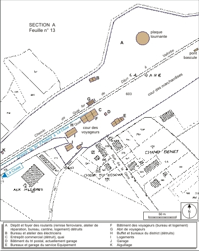 Plan-masse. Extrait du plan cadastral, 1995, section A, 12e feuille, échelle 1:1250 réduite à 1:2000, complété d'après un plan numérique de la SNCF (1999). © André Céréza / Région Bourgogne-Franche-Comté, Inventaire du patrimoine - 2007 Plan-masse. Extrait du plan cadastral, 1995, section A, 12e feuille, échelle 1:1250 réduite à 1:2000, complété d'après un plan numérique de la SNCF (1999). © André Céréza / Région Bourgogne-Franche-Comté, Inventaire du patrimoine - 2007