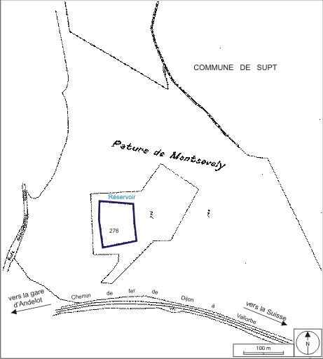Plan-masse et de situation du réservoir de la Pâture de Montsevely. Extrait du plan cadastral, 1995, section A, 9e feuille, échelle 1:2500 réduite à 1:4500. © André Céréza / Région Bourgogne-Franche-Comté, Inventaire du patrimoine - 2007 Plan-masse et de situation du réservoir de la Pâture de Montsevely. Extrait du plan cadastral, 1995, section A, 9e feuille, échelle 1:2500 réduite à 1:4500. © André Céréza / Région Bourgogne-Franche-Comté, Inventaire du patrimoine - 2007