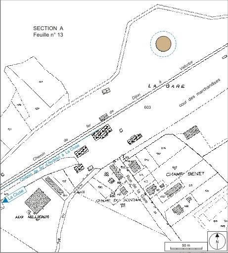 Plan-masse et de situation. Extrait du plan cadastral, 1995, section A, 12e feuille, échelle 1:1250 réduite à 1:2000, complété d'après un plan numérique de la SNCF (1999). © André Céréza / Région Bourgogne-Franche-Comté, Inventaire du patrimoine - 2007 Plan-masse et de situation. Extrait du plan cadastral, 1995, section A, 12e feuille, échelle 1:1250 réduite à 1:2000, complété d'après un plan numérique de la SNCF (1999). © André Céréza / Région Bourgogne-Franche-Comté, Inventaire du patrimoine - 2007