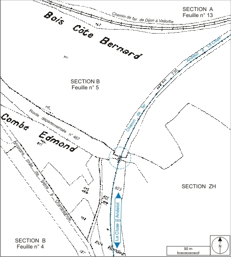 Plan-masse et de situation. Extrait du plan cadastral, 1995, section B, 5e feuille, échelle 1:2500 réduite à 1:3000. © André Céréza / Région Bourgogne-Franche-Comté, Inventaire du patrimoine - 2007