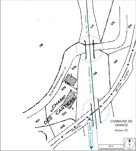 Plan-masse et de situation. Extrait du plan cadastral informatisé, 2006, section unique, échelle 1:1250 agrandie à 1:1000. © André Céréza / Région Bourgogne-Franche-Comté, Inventaire du patrimoine - 2007