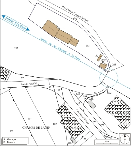 Plan-masse et de situation. Extrait du plan cadastral informatisé, 2006, section AE, échelle 1:1000. © André Céréza / Région Bourgogne-Franche-Comté, Inventaire du patrimoine - 2007