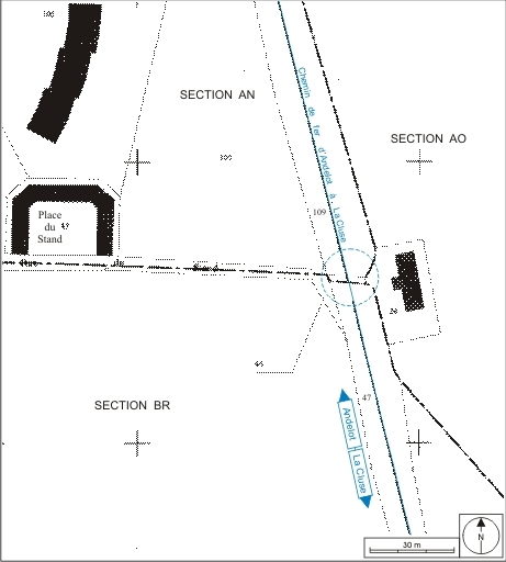 Plan-masse et de situation. Extrait du plan cadastral informatisé, 2006, sections AN, AO et BR, échelle 1:1000. © André Céréza / Région Bourgogne-Franche-Comté, Inventaire du patrimoine - 2007