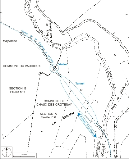 Plan-masse et de situation. Montage d'extraits du plan cadastral, Chaux-des-Crotenay, 1985, section A (6e feuille, 1:2500), et Le Vaudioux, 1985, section B (6e feuille, 1:1250), réduit à l'échelle 1:5000. © André Céréza / Région Bourgogne-Franche-Comté, Inventaire du patrimoine - 2007