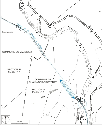 Plan-masse et de situation. Montage d'extraits du plan cadastral, Chaux-des-Crotenay, 1985, section A (6e feuille, 1:2500), et Le Vaudioux, 1985, section B (6e feuille, 1:1250), réduit à l'échelle 1:5000. © André Céréza / Région Bourgogne-Franche-Comté, Inventaire du patrimoine - 2007