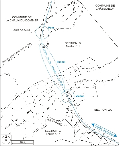 Plan-masse et de situation. Montage d'extraits du plan cadastral, 2001, sections B (1ère feuille, 1:2500) et C (7e feuille, 1:1250), réduit à l'échelle 1:5000. © André Céréza / Région Bourgogne-Franche-Comté, Inventaire du patrimoine - 2007