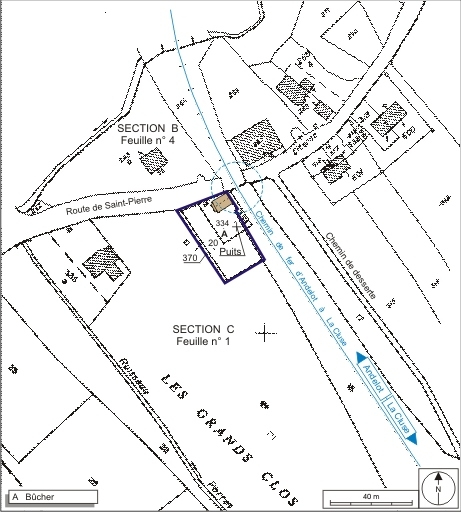 Plan-masse et de situation. Montage d'extraits du plan cadastral informatisé, 2006, sections B (4e feuille) et C (1ère feuille), échelle 1:1250. © André Céréza / Région Bourgogne-Franche-Comté, Inventaire du patrimoine - 2007