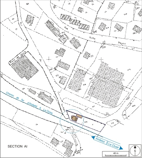 Plan-masse et de situation. Extrait du plan cadastral, 1980, section AH, échelle 1:1000 réduite à 1:1500. © André Céréza / Région Bourgogne-Franche-Comté, Inventaire du patrimoine - 2007