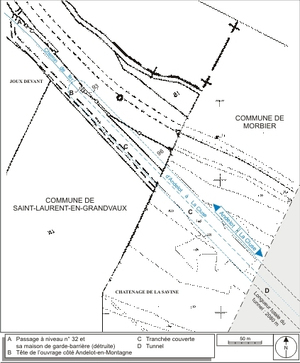 Plan-masse et de situation de la partie côté Andelot-en-Montagne (nord-ouest). Montage d'extraits du plan cadastral informatisé, 2006, Morbier, section BR (1:2000), et Saint-Laurent-en-Grandvaux, section AR (1:5000), échelle 1:2500. © André Céréza / Région Bourgogne-Franche-Comté, Inventaire du patrimoine - 2007