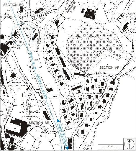 Plan-masse et de situation. Extrait du plan cadastral informatisé, 2006, sections BC et BE, échelle 1:2500. © André Céréza / Région Bourgogne-Franche-Comté, Inventaire du patrimoine - 2007