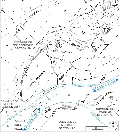Plan-masse et de situation. Montage d'extraits du plan cadastral, Bellefontaine, 1983, section AM (1:2000), et Morbier, 2006, sections AN et AP, échelle 1:3000. © André Céréza / Région Bourgogne-Franche-Comté, Inventaire du patrimoine - 2007