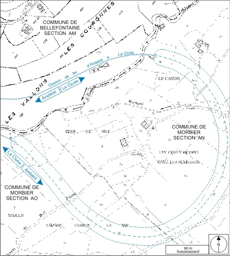 Plan-masse et de situation. Montage d'extraits du plan cadastral, Bellefontaine, 1983, section AM (1:2000), et Morbier, 2006, sections AN et AO, échelle 1:3000. © André Céréza / Région Bourgogne-Franche-Comté, Inventaire du patrimoine - 2007