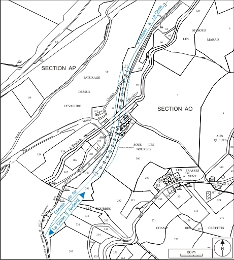 Plan-masse et de situation. Extrait du plan cadastral informatisé, 2006, sections AO et AP, échelle 1:3000. © André Céréza / Région Bourgogne-Franche-Comté, Inventaire du patrimoine - 2007 Plan-masse et de situation. Extrait du plan cadastral informatisé, 2006, sections AO et AP, échelle 1:3000. © André Céréza / Région Bourgogne-Franche-Comté, Inventaire du patrimoine - 2007