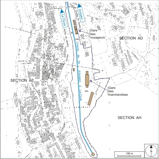 Plan de situation. Montage d'extraits du plan cadastral, 1980, sections AD et AE, échelle 1:1000 réduite à 1:3800, complété d'après un plan numérique de la SNCF (1999) et le terrain. © André Céréza / Région Bourgogne-Franche-Comté, Inventaire du patrimoine - 2007 Plan de situation. Montage d'extraits du plan cadastral, 1980, sections AD et AE, échelle 1:1000 réduite à 1:3800, complété d'après un plan numérique de la SNCF (1999) et le terrain. © André Céréza / Région Bourgogne-Franche-Comté, Inventaire du patrimoine - 2007
