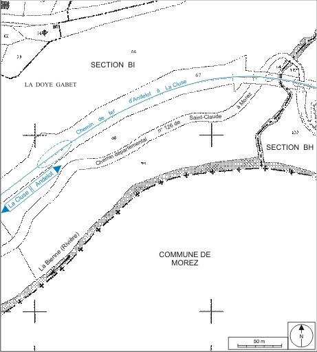 Plan-masse et de situation. Extrait du plan cadastral informatisé, 2006, sections BH et BI, échelle 1:2000. © André Céréza / Région Bourgogne-Franche-Comté, Inventaire du patrimoine - 2007 Plan-masse et de situation. Extrait du plan cadastral informatisé, 2006, sections BH et BI, échelle 1:2000. © André Céréza / Région Bourgogne-Franche-Comté, Inventaire du patrimoine - 2007