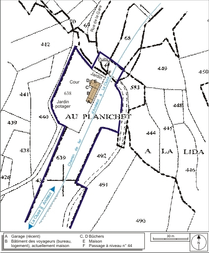 Plan-masse et de situation. Extrait du plan cadastral informatisé, 2006, sections AE et B, échelle 1:1000. © André Céréza / Région Bourgogne-Franche-Comté, Inventaire du patrimoine - 2007