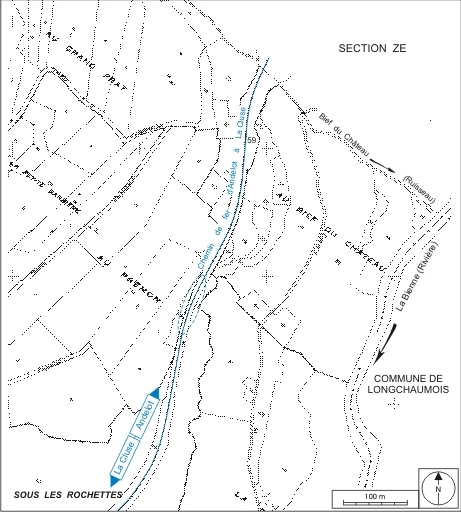 Plan-masse et de situation. Montage d'extraits du plan cadastral, 1985, sections ZE et ZH, échelle 1:2000 réduite à 1:4000. © André Céréza / Région Bourgogne-Franche-Comté, Inventaire du patrimoine - 2007 Plan-masse et de situation. Montage d'extraits du plan cadastral, 1985, sections ZE et ZH, échelle 1:2000 réduite à 1:4000. © André Céréza / Région Bourgogne-Franche-Comté, Inventaire du patrimoine - 2007