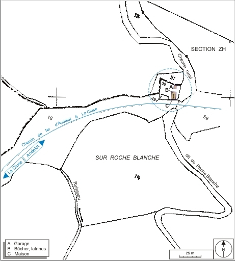 Plan-masse et de situation. Extrait du plan cadastral informatisé, 2006, section AE, échelle 1:2000 agrandie au 1:1500. © André Céréza / Région Bourgogne-Franche-Comté, Inventaire du patrimoine - 2007