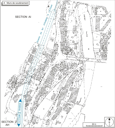 Plan-masse et de situation. Extrait du plan cadastral, 1980, sections AH et AM, échelle 1:1000 réduite à 1:2000. © André Céréza / Région Bourgogne-Franche-Comté, Inventaire du patrimoine - 2007