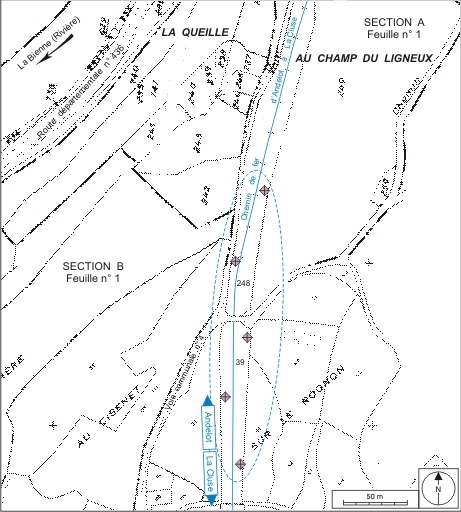 Plan-masse et de situation. Montage d'extraits du plan cadastral informatisé, 2006, sections A (1:2500) et B (1:1250), échelle 1:2000. © André Céréza / Région Bourgogne-Franche-Comté, Inventaire du patrimoine - 2007