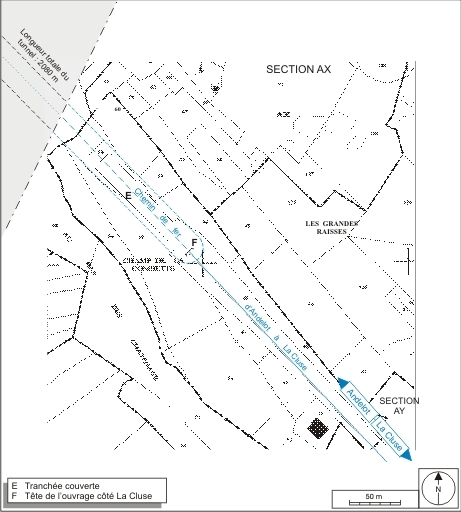 Plan-masse et de situation de la partie côté La Cluse (sud-est). Extrait du plan cadastral informatisé, 2007, section AX, échelle 1:2500. © André Céréza / Région Bourgogne-Franche-Comté, Inventaire du patrimoine - 2007