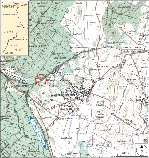 Carte et schéma de localisation. Carte topographique, IGN, 2000, dalle F087_046, échelle 1:25 000. Scan 25, licence n° 2008/CISE/2968. © André Céréza / Région Bourgogne-Franche-Comté, Inventaire du patrimoine - 2007 Carte et schéma de localisation. Carte topographique, IGN, 2000, dalle F087_046, échelle 1:25 000. Scan 25, licence n° 2008/CISE/2968. © André Céréza / Région Bourgogne-Franche-Comté, Inventaire du patrimoine - 2007