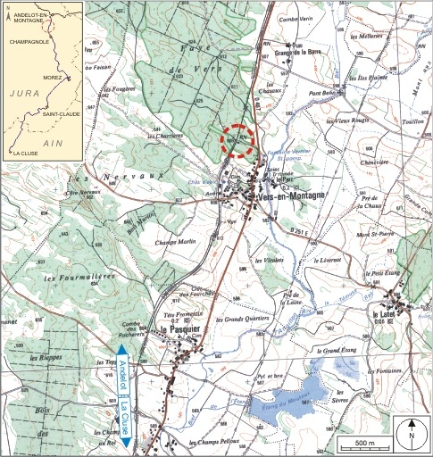 Carte et schéma de localisation. Carte topographique, IGN, 2000, dalle F087_047, échelle 1:25 000. Scan 25, licence n° 2008/CISE/2968. © André Céréza / Région Bourgogne-Franche-Comté, Inventaire du patrimoine - 2007