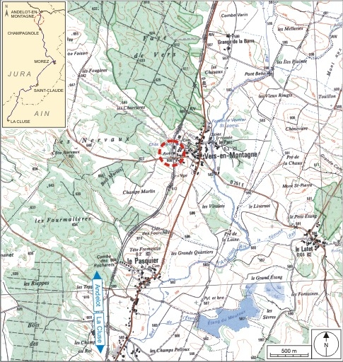 Carte et schéma de localisation. Carte topographique, IGN, 2000, dalle F087_047, échelle 1:25 000. Scan 25, licence n° 2008/CISE/2968. © André Céréza / Région Bourgogne-Franche-Comté, Inventaire du patrimoine - 2007 Carte et schéma de localisation. Carte topographique, IGN, 2000, dalle F087_047, échelle 1:25 000. Scan 25, licence n° 2008/CISE/2968. © André Céréza / Région Bourgogne-Franche-Comté, Inventaire du patrimoine - 2007