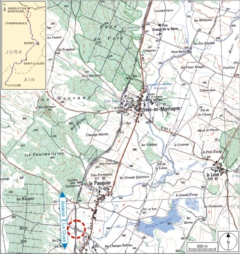 Carte et schéma de localisation. Carte topographique, IGN, 2000, dalle F087_047, échelle 1:25 000. Scan 25, licence n° 2008/CISE/2968. © André Céréza / Région Bourgogne-Franche-Comté, Inventaire du patrimoine - 2007 Carte et schéma de localisation. Carte topographique, IGN, 2000, dalle F087_047, échelle 1:25 000. Scan 25, licence n° 2008/CISE/2968. © André Céréza / Région Bourgogne-Franche-Comté, Inventaire du patrimoine - 2007