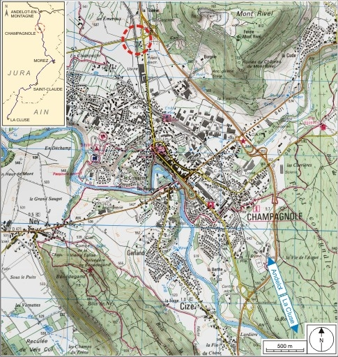Carte et schéma de localisation. Carte topographique, IGN, 3326 Ouest Champagnole, 2001, échelle 1:25 000. Scan 25, licence n° 2008/CISE/2968. © André Céréza / Région Bourgogne-Franche-Comté, Inventaire du patrimoine - 2007