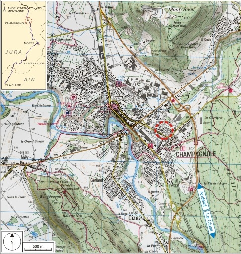 Carte et schéma de localisation. Carte topographique, IGN, 3326 Ouest Champagnole, 2001, échelle 1:25 000. Scan 25, licence n° 2008/CISE/2968. © André Céréza / Région Bourgogne-Franche-Comté, Inventaire du patrimoine - 2007