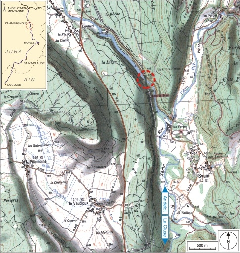 Carte et schéma de localisation. Carte topographique, IGN, 2000, dalle F087_048, échelle 1:25 000. Scan 25, licence n° 2008/CISE/2968. © André Céréza / Région Bourgogne-Franche-Comté, Inventaire du patrimoine - 2007