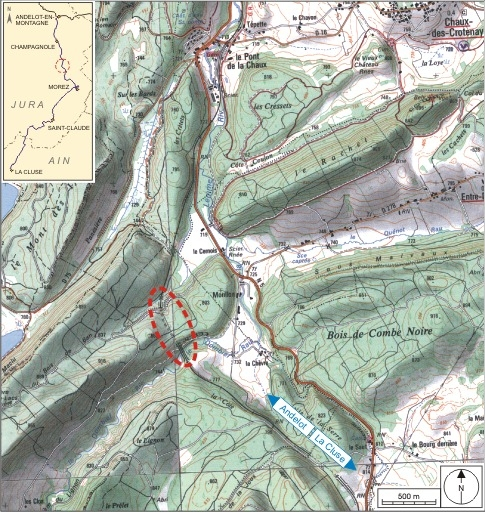 Carte et schéma de localisation. Carte topographique, IGN, 2000, dalles F087_048 et F087_049, échelle 1:25 000. Scan 25, licence n° 2008/CISE/2968. © André Céréza / Région Bourgogne-Franche-Comté, Inventaire du patrimoine - 2007
