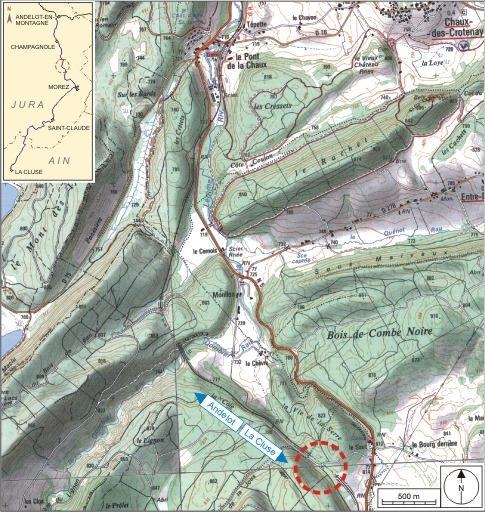 Carte et schéma de localisation. Carte topographique, IGN, 2000, dalles F087_048 et F087_049, échelle 1:25 000. Scan 25, licence n° 2008/CISE/2968. © André Céréza / Région Bourgogne-Franche-Comté, Inventaire du patrimoine - 2007