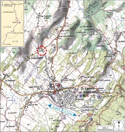 Carte et schéma de localisation. Carte topographique, IGN, 2000, dalle F087_049, échelle 1:25 000. Scan 25, licence n° 2008/CISE/2968. © André Céréza / Région Bourgogne-Franche-Comté, Inventaire du patrimoine - 2007
