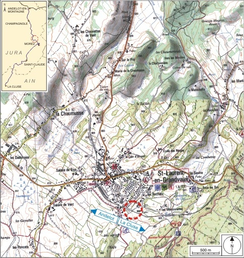 Carte et schéma de localisation. Carte topographique, IGN, 2000, dalle F087_049, échelle 1:25 000. Scan 25, licence n° 2008/CISE/2968. © André Céréza / Région Bourgogne-Franche-Comté, Inventaire du patrimoine - 2007