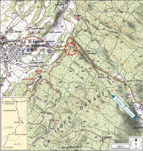 Carte et schéma de localisation. Carte topographique, IGN, 2000, dalles F087_049, F087_050, F088_049 et F088_050, échelle 1:25 000. Scan 25, licence n° 2008/CISE/2968. © André Céréza / Région Bourgogne-Franche-Comté, Inventaire du patrimoine - 2007