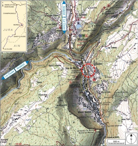 Carte et schéma de localisation. Carte topographique, IGN, 2000, dalles F087_050 et F088_050, échelle 1:25 000. Scan 25, licence n° 2008/CISE/2968. © André Céréza / Région Bourgogne-Franche-Comté, Inventaire du patrimoine - 2007 Carte et schéma de localisation. Carte topographique, IGN, 2000, dalles F087_050 et F088_050, échelle 1:25 000. Scan 25, licence n° 2008/CISE/2968. © André Céréza / Région Bourgogne-Franche-Comté, Inventaire du patrimoine - 2007