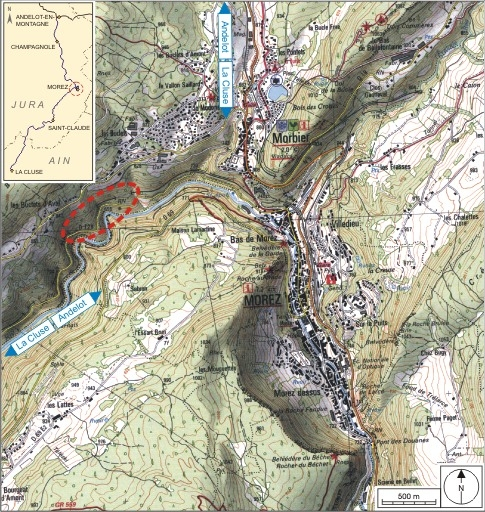 Carte et schéma de localisation. Carte topographique, IGN, 2000, dalles F087_050 et F088_050, échelle 1:25 000. Scan 25, licence n° 2008/CISE/2968. © André Céréza / Région Bourgogne-Franche-Comté, Inventaire du patrimoine - 2007