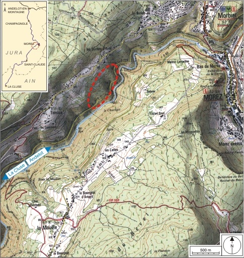 Carte et schéma de localisation. Carte topographique, IGN, 2000, dalles F087_050 et F088_050, échelle 1:25 000. Scan 25, licence n° 2008/CISE/2968. © André Céréza / Région Bourgogne-Franche-Comté, Inventaire du patrimoine - 2007