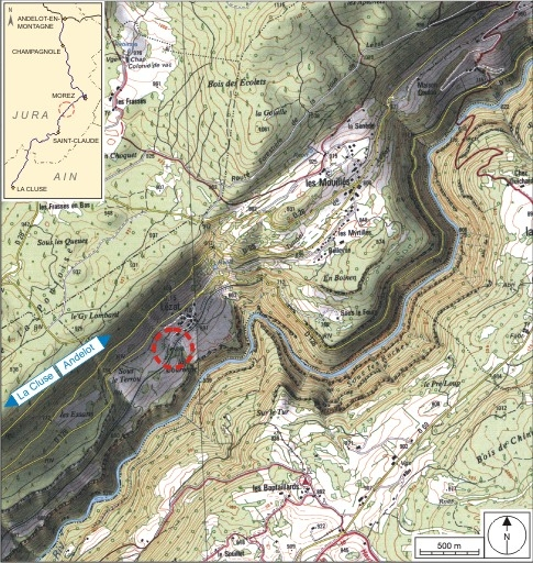 Carte et schéma de localisation. Carte topographique, IGN, 2000, dalle F087_050, échelle 1:25 000. Scan 25, licence n° 2008/CISE/2968. © André Céréza / Région Bourgogne-Franche-Comté, Inventaire du patrimoine - 2007