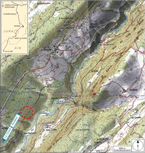 Carte et schéma de localisation. Carte topographique, IGN, 2000, dalles F087_050 et F087_051, échelle 1:25 000. Scan 25, licence n° 2008/CISE/2968. © André Céréza / Région Bourgogne-Franche-Comté, Inventaire du patrimoine - 2007