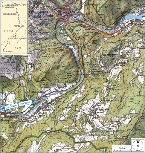Carte et schéma de localisation. Carte topographique, IGN, 2000, dalle F086_052, échelle 1:25 000. Scan 25, licence n° 2008/CISE/2968. © André Céréza / Région Bourgogne-Franche-Comté, Inventaire du patrimoine - 2007