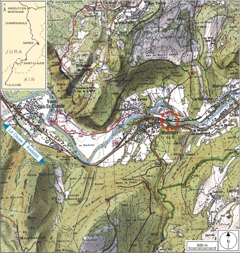 Carte et schéma de localisation. Carte topographique, IGN, 2000, dalle F086_052, échelle 1:25 000. Scan 25, licence n° 2008/CISE/2968. © André Céréza / Région Bourgogne-Franche-Comté, Inventaire du patrimoine - 2007