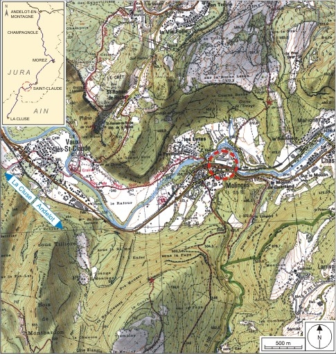 Carte et schéma de localisation. Carte topographique, IGN, 2000, dalle F086_052, échelle 1:25 000. Scan 25, licence n° 2008/CISE/2968. © André Céréza / Région Bourgogne-Franche-Comté, Inventaire du patrimoine - 2007