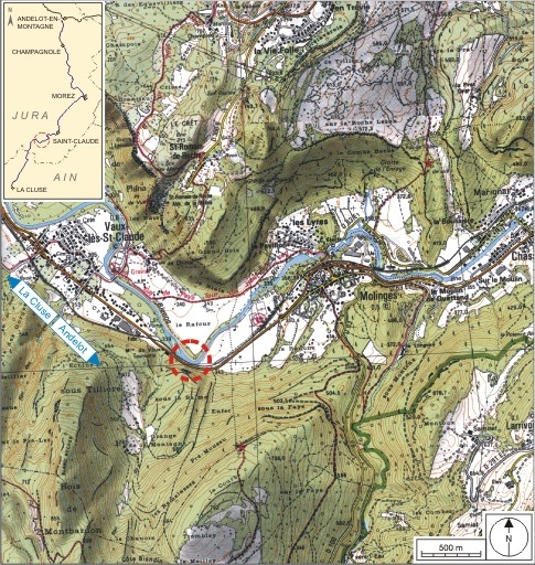 Carte et schéma de localisation. Carte topographique, IGN, 2000, dalle F086_052, échelle 1:25 000. Scan 25, licence n° 2008/CISE/2968. © André Céréza / Région Bourgogne-Franche-Comté, Inventaire du patrimoine - 2007